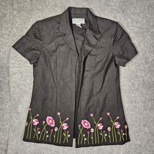 Jessica Howard Womens Black Floral Open Front Cottage Spring Shirt Sz 12P